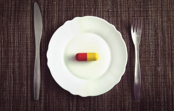 Plate, fork, knife, drug, dinner, medication, pill, Medicated