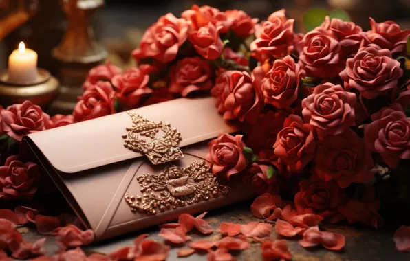 Flowers, table, holiday, gift, roses, candle, bouquet, petals