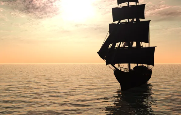 The sky, the sun, the ocean, sailboat, visualization, render, pirate ship, Pirate Ship