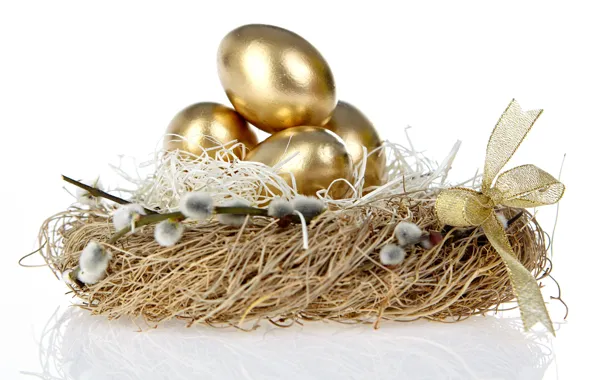 Holiday, Easter, socket, bow, Golden eggs, willow twigs