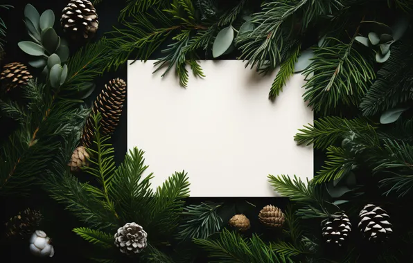 Greens, leaves, branches, the dark background, frame, Christmas, New year, cardboard