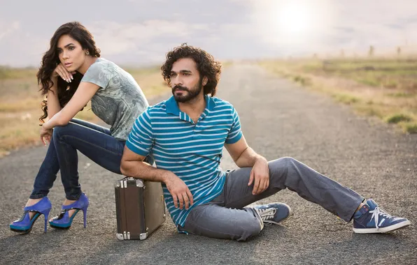 Style, horizon, highway, suitcase, two, fashion, a man and a woman, model posing