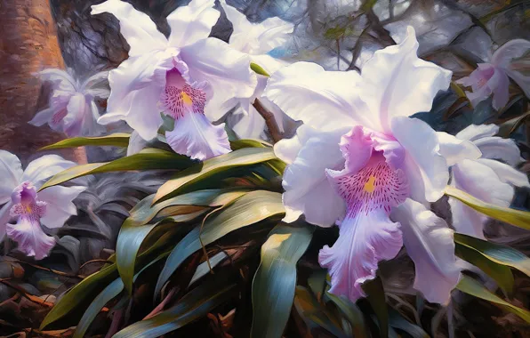 Flowers, picture, painting, orchids, imitation painting, AI art, neural network, digital painting