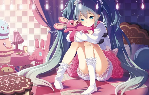Picture girl, room, toy, lamp, anime, art, vocaloid, hatsune miku