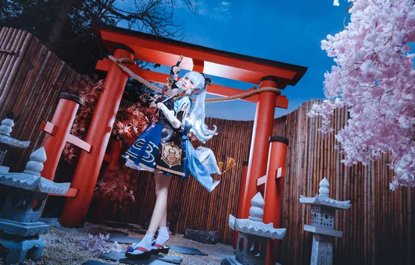 Night, pose, model, gate, Sakura, Asian, beauty, model