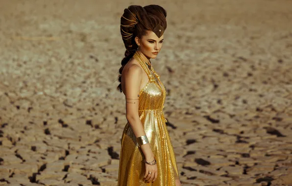 Look, girl, decoration, cracked, pose, style, earth, desert