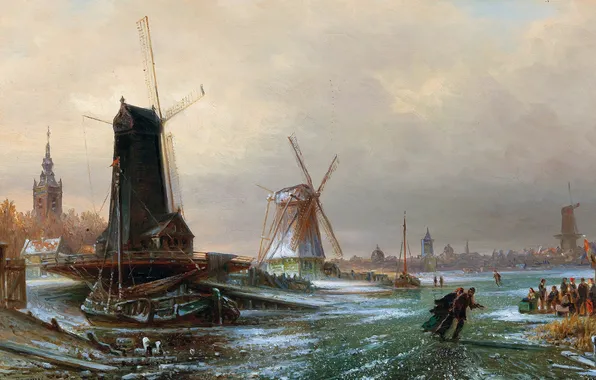 Home, Winter, River, Ice, People, Picture, Dutch artist, Elias Pieter van Bommel