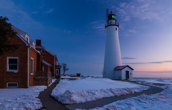 Picture winter, snow, lighthouse, USA, USA, Michigan State, house, pathways