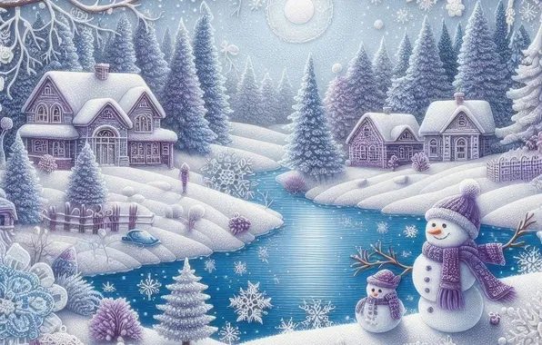 Winter, frost, forest, snow, snowflakes, river, shore, new year