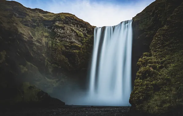 The sky, rock, stones, waterfall, Iceland, Iceland, Skogafoss, Skogafoss