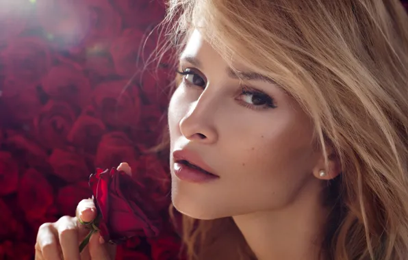 Picture look, girl, light, flowers, face, background, roses, makeup