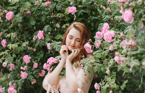Summer, girl, flowers, nature, pose, mood, roses, pink