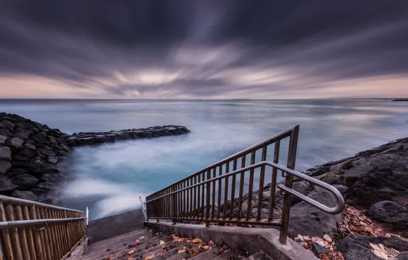 Picture sea, clouds, shore, the evening, ladder, pierce