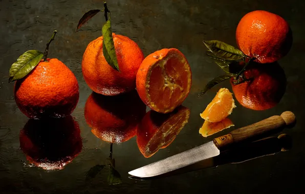 Glass, leaves, drops, reflection, table, knife, fruit, still life