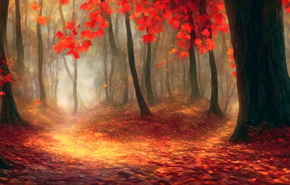 Autumn, forest, leaves, light, trees, fog, trunks, foliage
