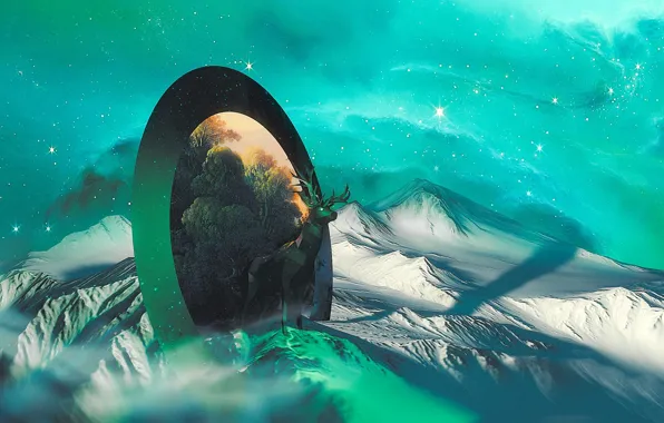 Mountains, deer, the portal, Space Deer