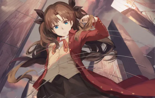 Water, girl, the city, reflection, puddle, Tohsaka Rin, Rin Tohsaka, Fate / Stay Night