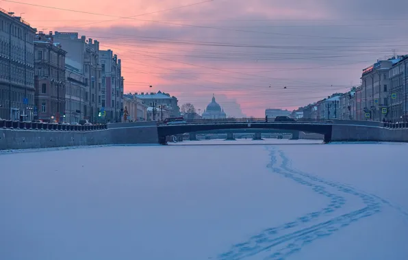 Picture winter, snow, sunset, traces, bridge, building, home, Saint Petersburg