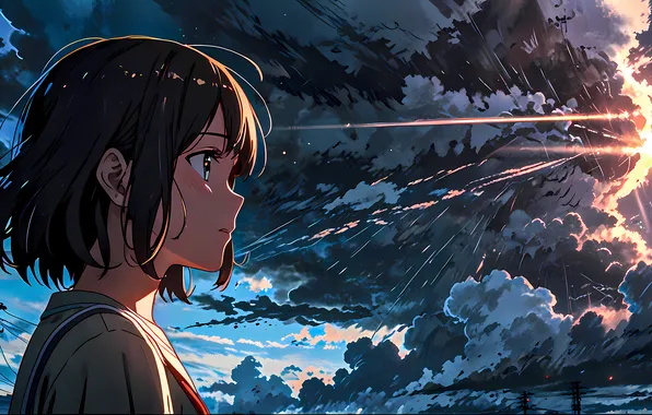 Clouds, Anime, Sunset, Contemplation, Anime girl, 8K, Sun rays, Emotional moment