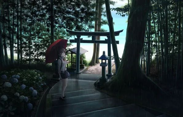 Picture girl, trees, flowers, nature, rain, umbrella, anime, art