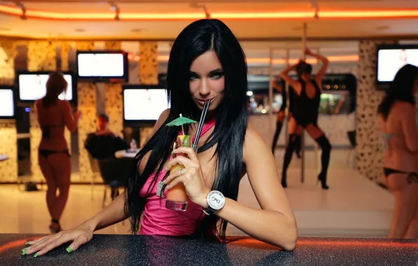 Brunette, cocktail, in pink, ashley bulgari, of a titty bar