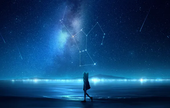 Sea, girl, night, constellation