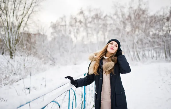 Winter, look, girl, snow, branches, face, pose, Park