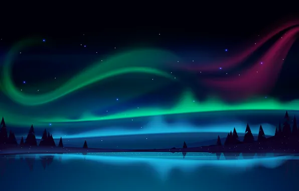 Picture forest, sky, trees, landscape, minimalism, nature, night, lake