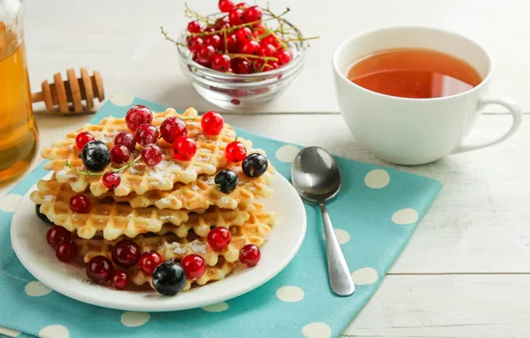 Berries, food, Breakfast, honey, spoon, waffles, dessert, red currant