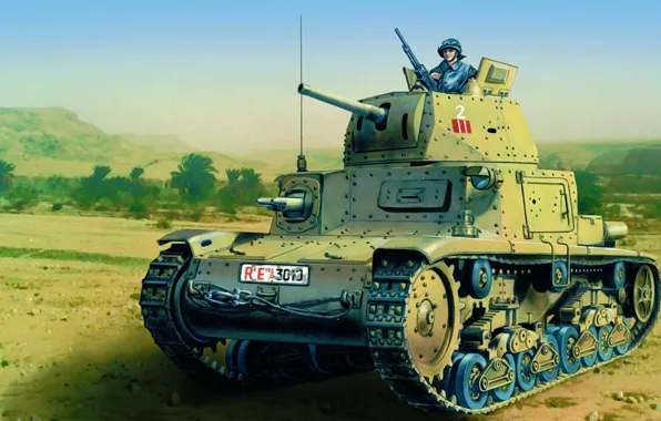 Picture war, art, painting, tank, ww2, Italian Medium Tank, Fiat M13/40