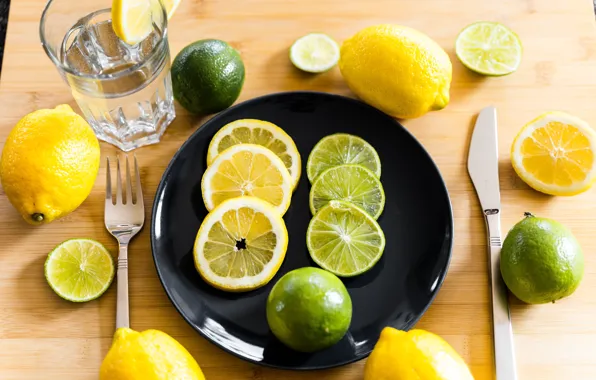 Glass, table, plate, knife, lime, plug, lemons, slices