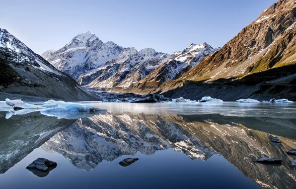 The sky, snow, mountains, lake, reflection, floe