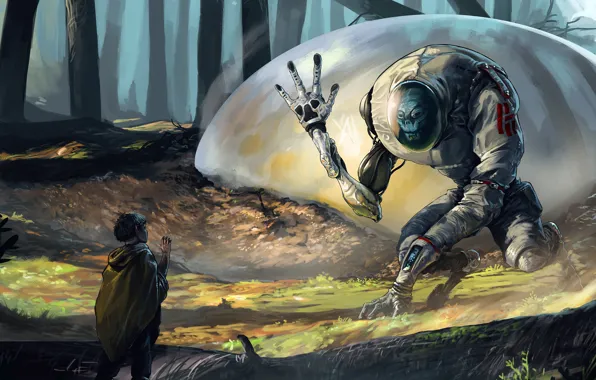 Forest, people, alien, camera, The Arrival
