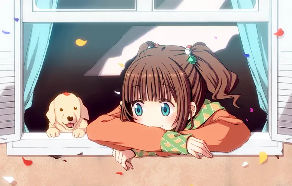 Picture mood, spring, anime, petals, Sakura, window, girl, puppy