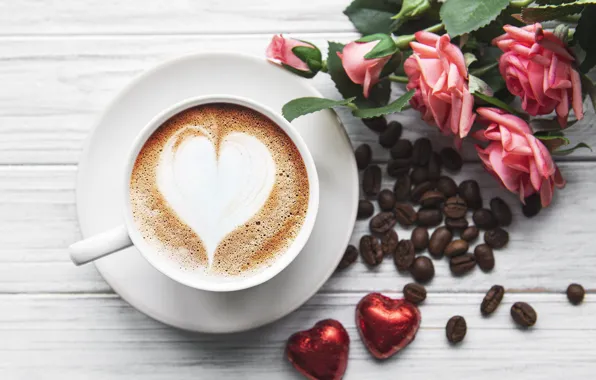 Heart, coffee, roses, bouquet, candy, Cup, coffee beans, chocolate