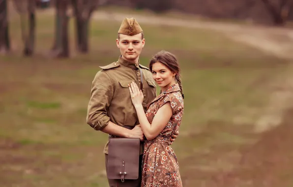 Girl, retro, meeting, soldiers, guy, pussy, tunic