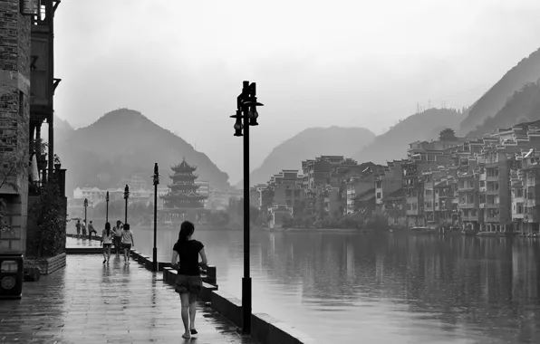 Picture China, girl, river, rain, National Geographic, photos, hill, houses