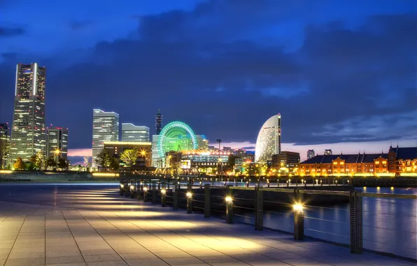 Picture night, lights, Japan, port, Bay, Japan, promenade, megapolis