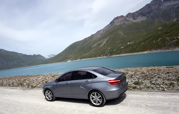 Water, mountains, car, sedan, silver, Lada, Lada, Vesta