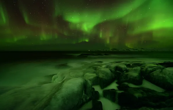 Cold, winter, sea, the sky, stars, mountains, night, green