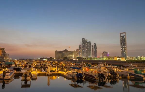 The sky, lights, river, building, home, the evening, boats, skyscrapers