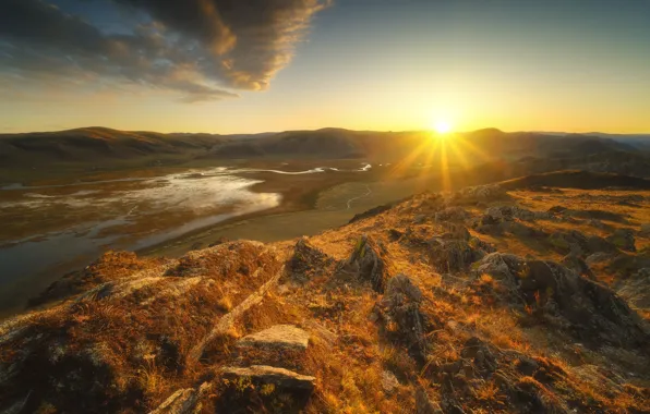 The sky, the sun, rays, sunset, river, Rev Alex, Irkutsk oblast