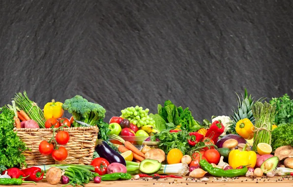 Greens, basket, apples, mushrooms, grapes, pepper, pineapple, vegetables