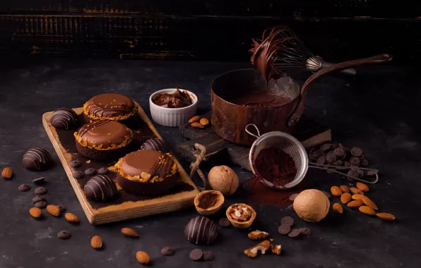 Cookies, nuts, cream, chocolate, cupcakes, chocolates, cooking