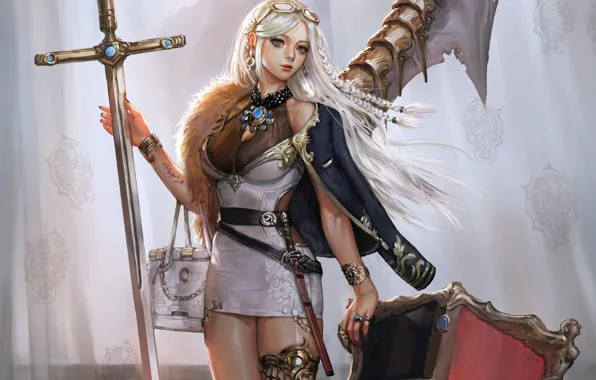 Girl, sword, fantasy, dress, weapon, blue eyes, blonde, digital art
