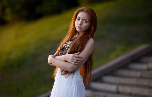 Picture long hair, women, bokeh, redhead, white dresses