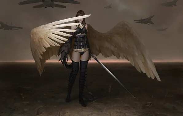 Girl, wings, angel, sword, boots, art, aircraft, fighters