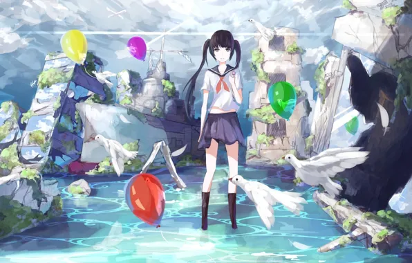 Picture the sky, water, girl, clouds, balls, birds, anime, art