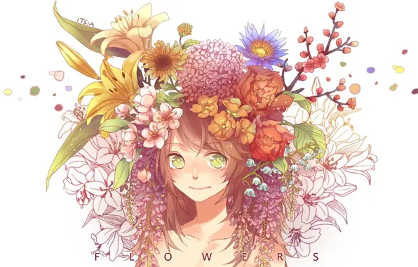 Girl, flowers, smile, branch, anime, petals, Sakura, art