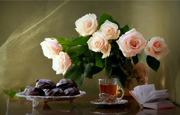 Tea, roses, bouquet, cookies, book, still life